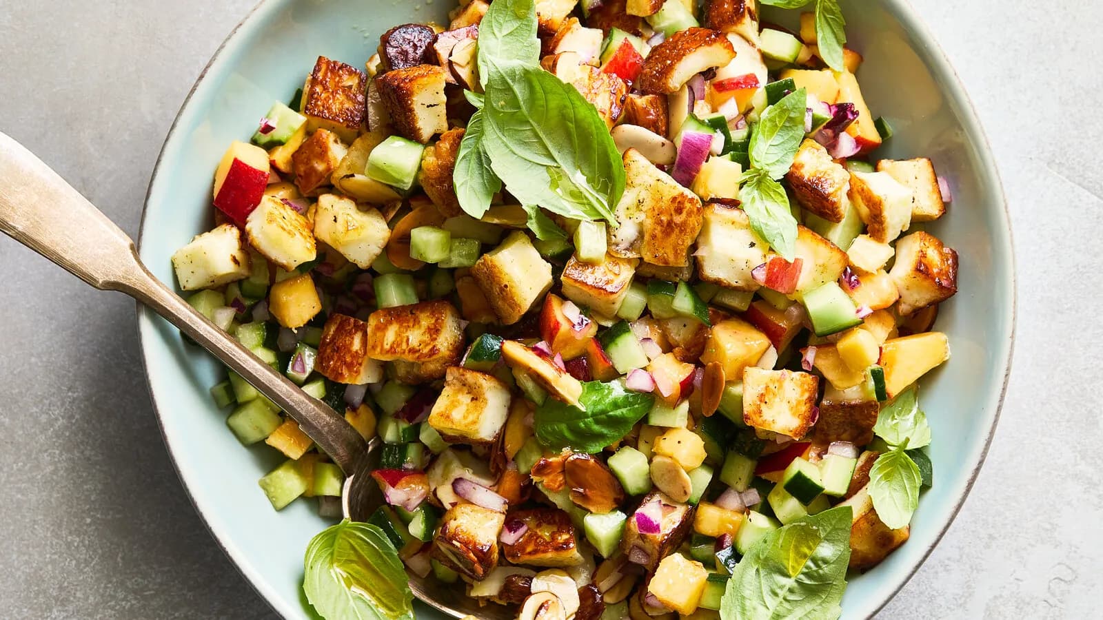 Halloumi, Peach and Cucumber Spoon Salad